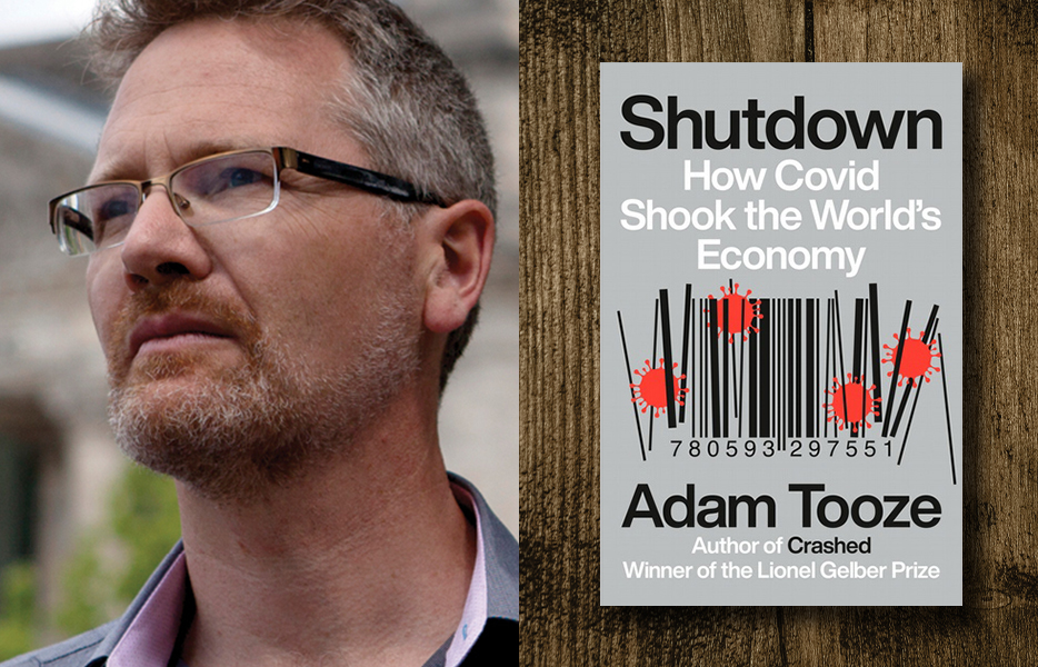 A photograph of Adam Tooze and the cover of his book, "Shutdown: How Covid Shook the World's Economy."