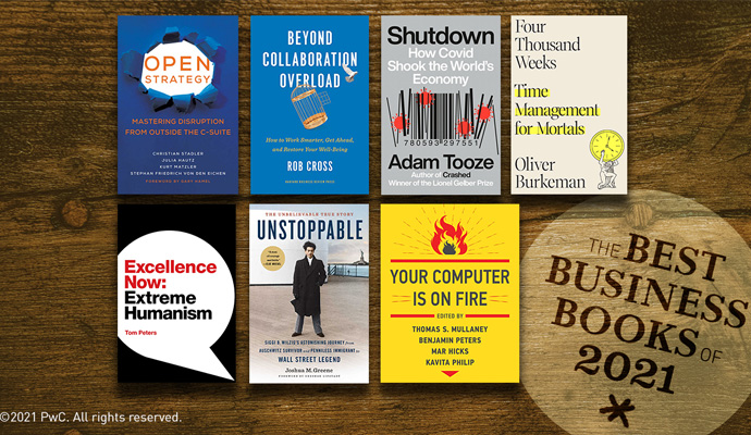 A collage of the covers of the seven best business books of 2021, curated by writers at strategy+business.