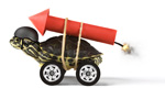 A turtle sits on a wheeled platform with a rocket strapped to its back, waiting for the rocket to ignite.