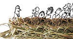 A photo of a bird’s nest with black-and-white drawings of a corporate boss and his team inside it.
