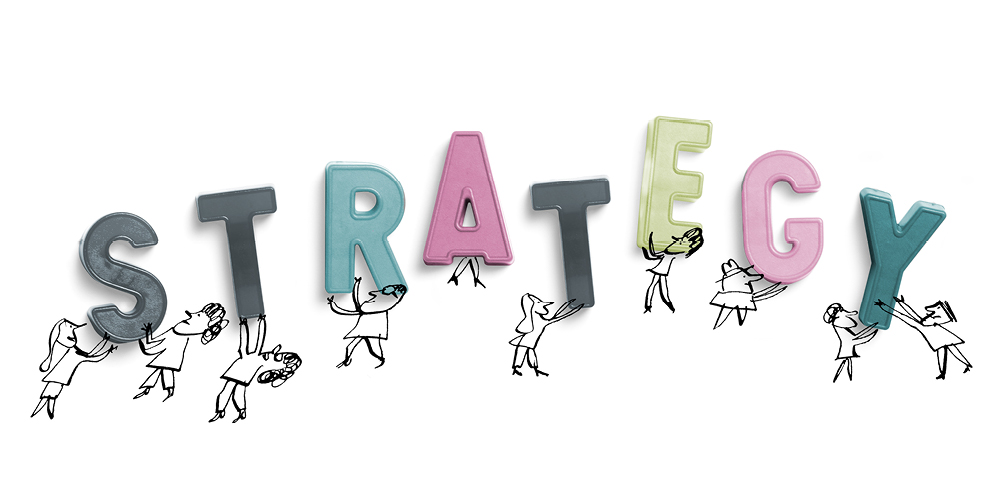 Black-and-white drawings of people carry photographs of letters that spell out the word strategy. Black-and-white drawings of people carry photographs of letters that spell out the word strategy.