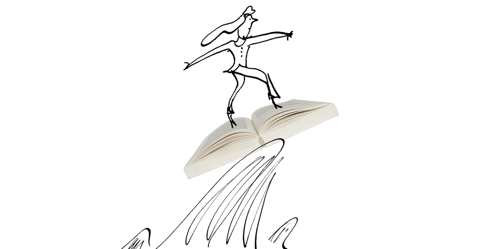 A black-and-white drawing of a woman balancing on the open pages of a photograph of a book. A black-and-white drawing of a woman balancing on the open pages of a photograph of a book.