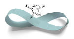 A black-and-white drawing of a man dances on a photograph of a light-blue paper Möbius strip.