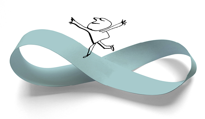 A black-and-white drawing of a man dances on a photograph of a light-blue paper M&ouml;bius strip.