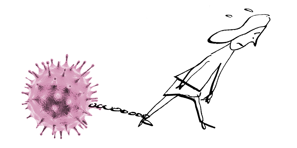 A black-and-white drawing of a woman struggles to walk forward. A photo of the coronavirus cell serves as the ball of a ball and chain on her ankle. A black-and-white drawing of a woman struggles to walk forward. A photo of the coronavirus cell serves as the ball of a ball and chain on her ankle.