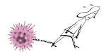 A black-and-white drawing of a woman struggles to walk forward. A photo of the coronavirus cell serves as the ball of a ball and chain on her ankle.
