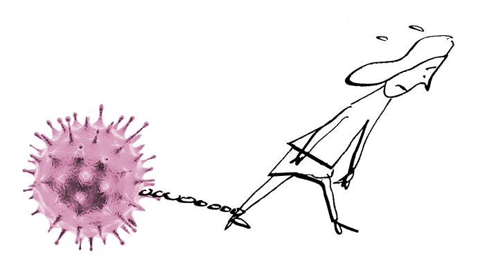 A black-and-white drawing of a woman struggles to walk forward. A photo of the coronavirus cell serves as the ball of a ball and chain on her ankle.