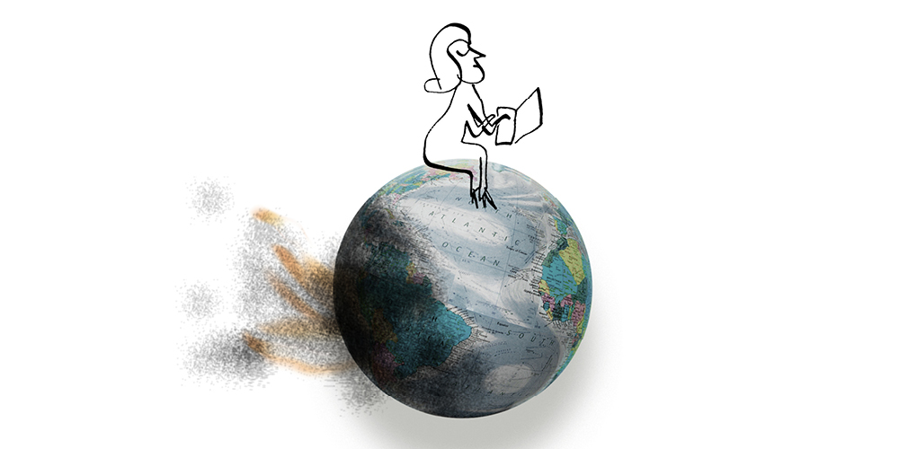 A black-and-white drawing of a woman reading a book sits atop a photo of the planet Earth, which appears to be smoking. A black-and-white drawing of a woman reading a book sits atop a photo of the planet Earth, which appears to be smoking.