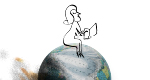 A black-and-white drawing of a woman reading a book sits atop a photo of the planet Earth, which appears to be smoking.