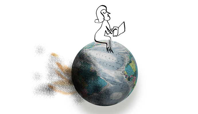 A black-and-white drawing of a woman reading a book sits atop a photo of the planet Earth, which appears to be smoking.