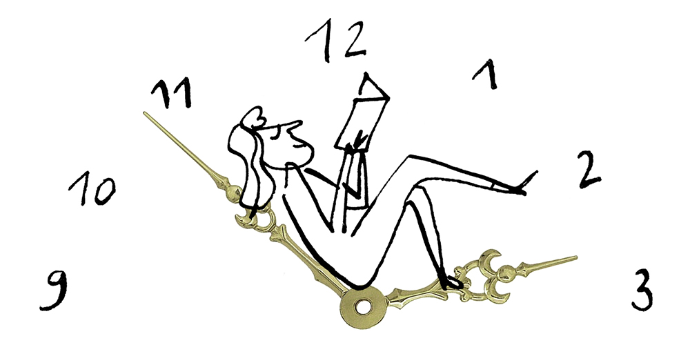 A black-and-white drawing of a woman reading a book reclines on a photo of gold clock hands, which are in a position to form a seat. A black-and-white drawing of a woman reading a book reclines on a photo of gold clock hands, which are in a position to form a seat.