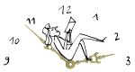 A black-and-white drawing of a woman reading a book reclines on a photo of gold clock hands, which are in a position to form a seat.