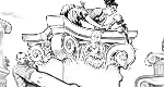 A black-and-white illustration of a woman carving the intricate top of a marble column that is being carried by a man.