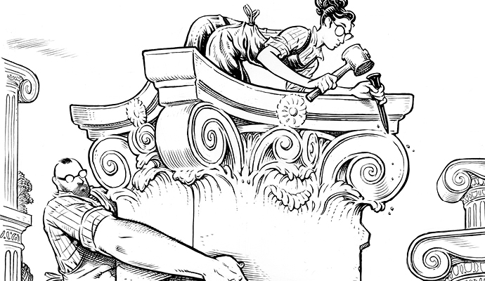 A black-and-white illustration of a woman carving the intricate top of a marble column that is being carried by a man.