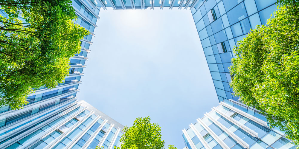 A worm’s-eye view of the courtyard of a modern office building shows a juxtaposition of green trees and glass windows set against a blue sky. A worm’s-eye view of the courtyard of a modern office building shows a juxtaposition of green trees and glass windows set against a blue sky.