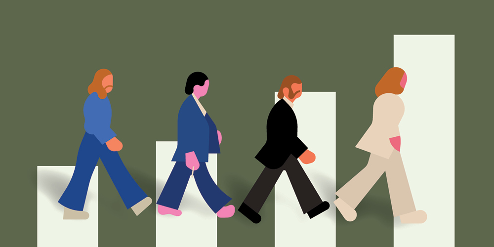 An illustration of four faceless figures walking across four white ascending graph bars. The illustration is reminiscent of the cover of the Beatles' album "Abbey Road."