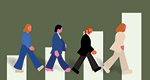 An illustration of four faceless figures walking across four white ascending graph bars. The illustration is reminiscent of the cover of the Beatles' album "Abbey Road."
