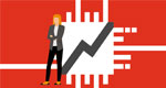 An illustration of a CEO looking ahead. A white computer chip with a gray zigzag line crossing the center is in the background.