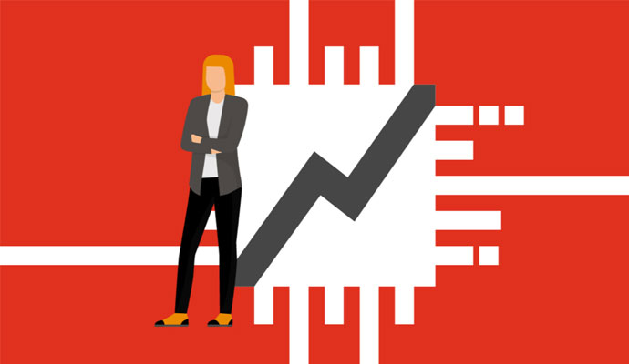 An illustration of a CEO looking ahead. A white computer chip with a gray zigzag line crossing the center is in the background.