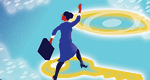 An illustration showing a woman with a briefcase leaping across cybersecurity icons—an eye, a key, and a shield—that float in space. Three figures are following behind her.