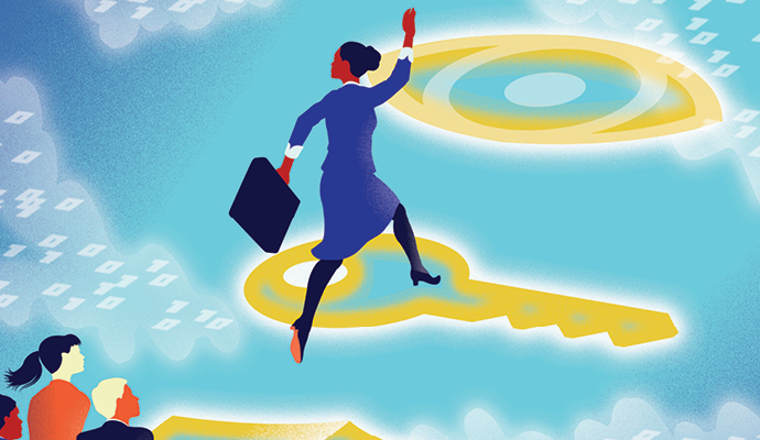An illustration showing a woman with a briefcase leaping across cybersecurity icons—an eye, a key, and a shield—that float in space. Three figures are following behind her.