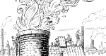 A black-and-white illustration of a smokestack with leaves, fronds, and other plants billowing out of it. In the background, figures are installing solar panels on a roof.