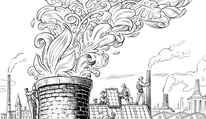 A black-and-white illustration of a smokestack with leaves, fronds, and other plants billowing out of it. In the background, figures are installing solar panels on a roof. A black-and-white illustration of a smokestack with leaves, fronds, and other plants billowing out of it. In the background, figures are installing solar panels on a roof.