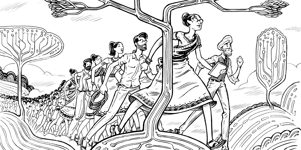 A black-and-white illustration of a line of people walking purposefully over hills with trees on them. The trees appear to have circuitry in their trunks, branches, and roots.