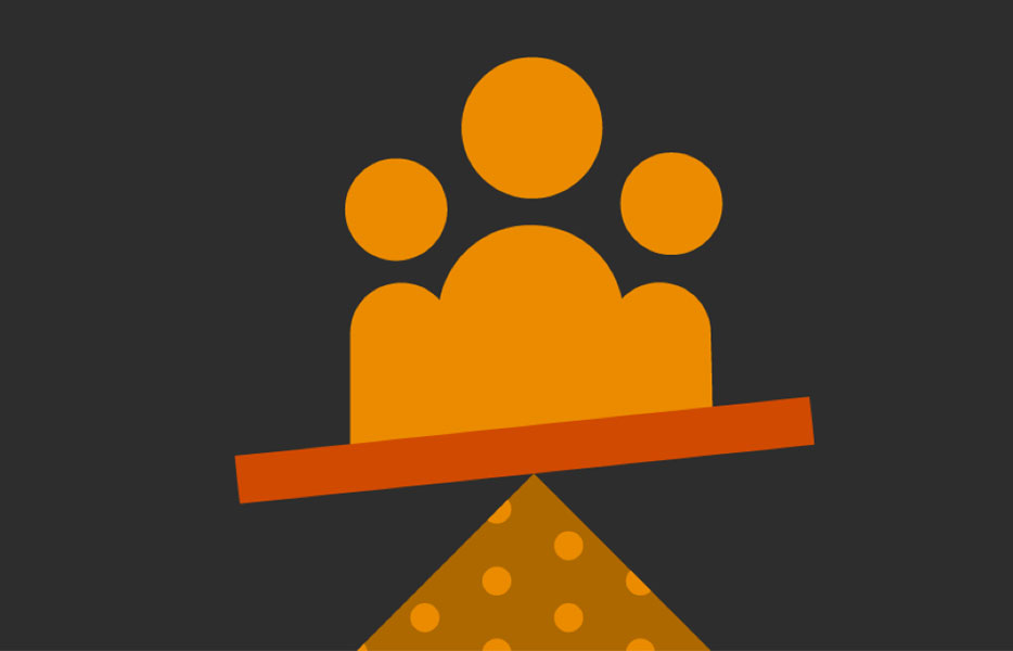 An illustration of a scale, tipped to one side, with three figures on it.