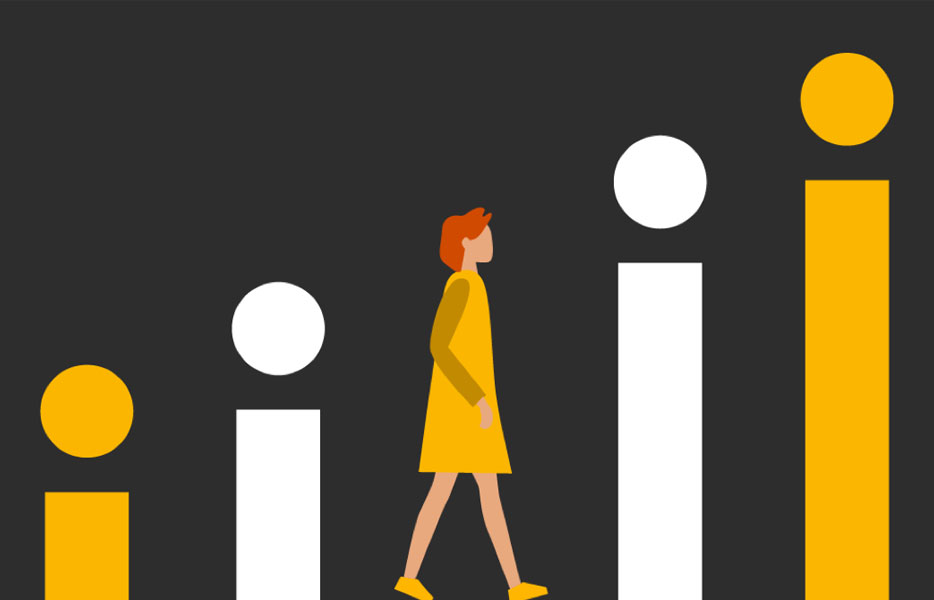 An illustration of a woman walking alongside the letter "i," which appears in an alternating white and yellow pattern.
