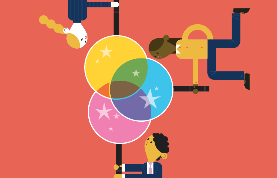 An illustration of three overlapping circle-shaped sign posts with stars on them against a red background. Each post is held by a person.