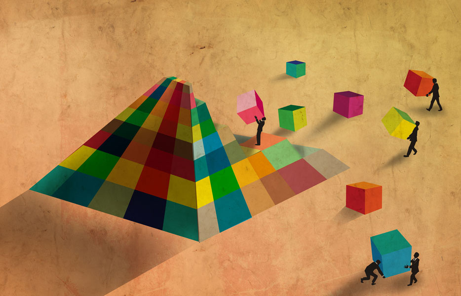 A stylized cartoon shows businesspeople assembling a pyramid with multicolored blocks.