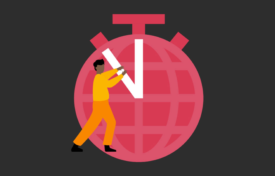 An illustration of a man standing in front of a clock shaped like a globe.