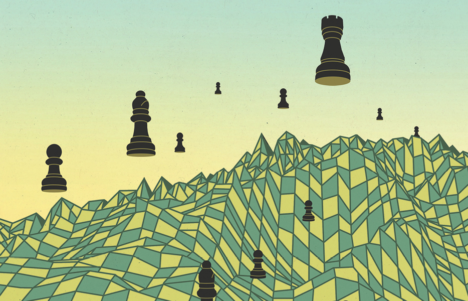An illustration showing black chess pieces floating above a yellow-and-blue chessboard with a warped surface.  