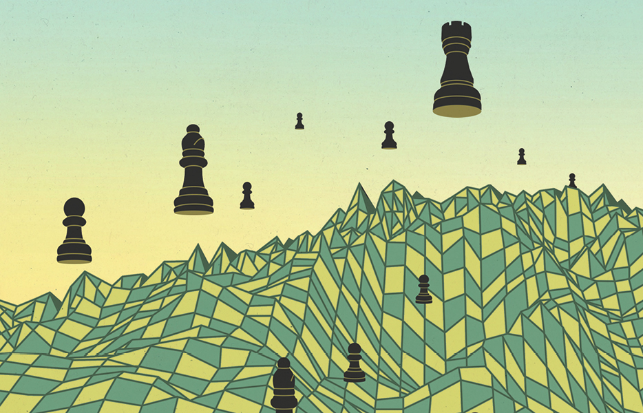An illustration showing black chess pieces floating above a yellow-and-blue chessboard with a warped surface.  