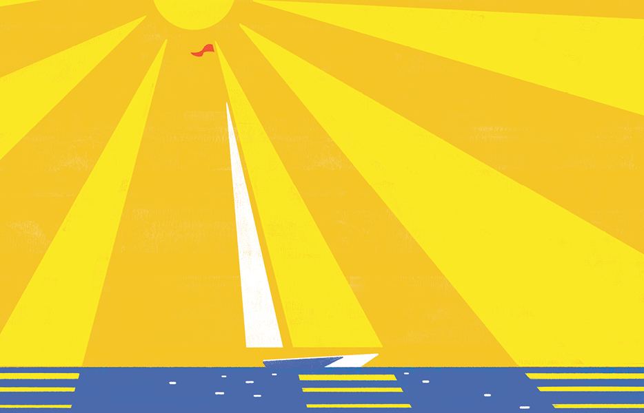 An illustration of a sailboat with yellow and white sails against a yellow sky, with rays from the sun mimicking the shape and color of the yellow sail.