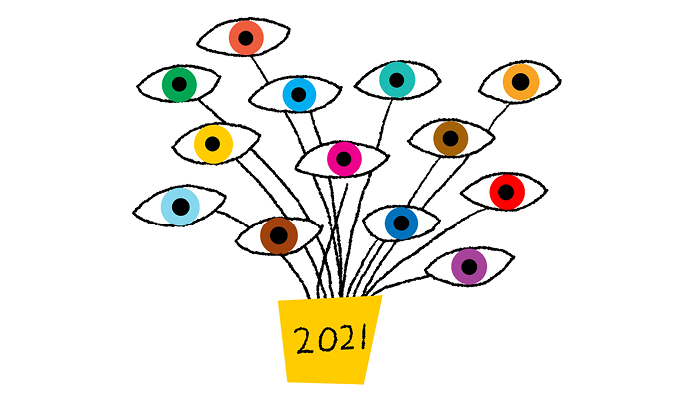 An illustration of a yellow flowerpot with the year 2021 written on it. Colorful eyes attached to stems are coming out of the pot to create a bouquet.