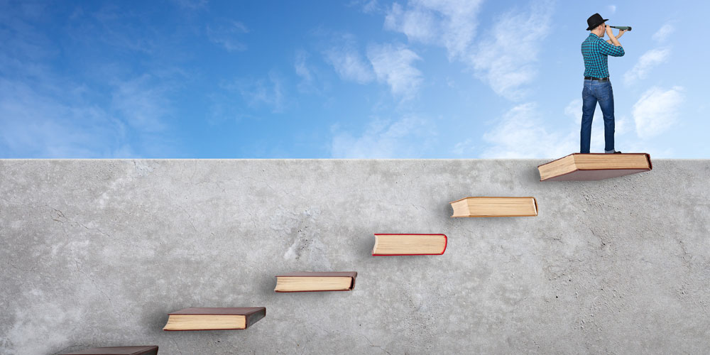 Illustration of man walking up a staircase made of books Illustration of man walking up a staircase made of books