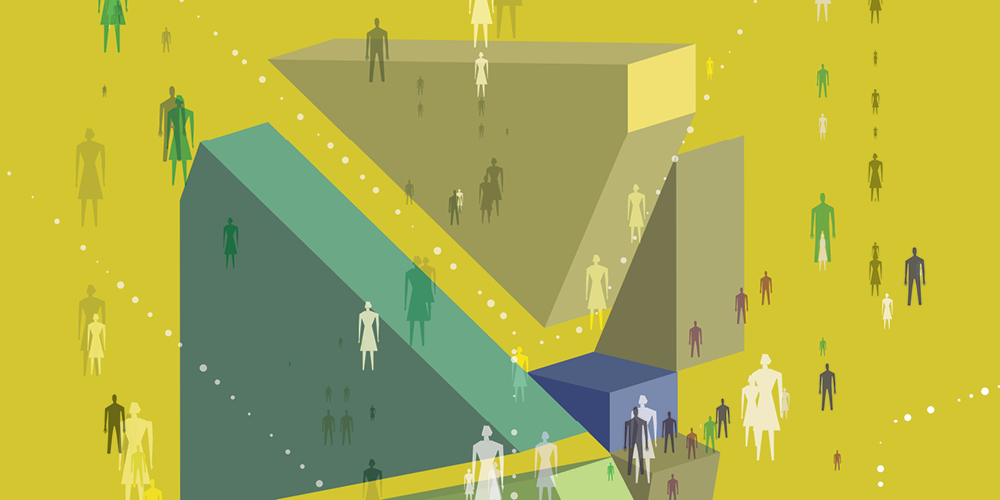 An illustration showing many figures and shapes in blue, green, and beige against a yellow background. The shapes appear to be able to fit together into a whole, but they're not yet doing so.