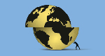 A yellow-and-black illustration of the globe, which has been split in half along the equator. Against a light-blue background, figure in silhouette is pushing the bottom half into alignment with the top half.