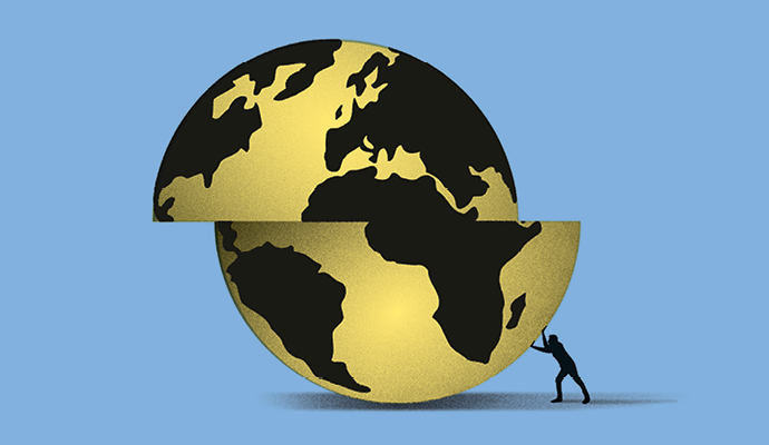 A yellow-and-black illustration of the globe, which has been split in half along the equator. Against a light-blue background, figure in silhouette is pushing the bottom half into alignment with the top half. A yellow-and-black illustration of the globe, which has been split in half along the equator. Against a light-blue background, figure in silhouette is pushing the bottom half into alignment with the top half.