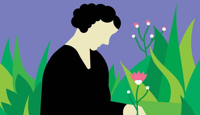 An illustration of a faceless woman in a field of green leaves, with a few small blossoming plants to either side of her. She holds one of the blossoms in her left hand, and points at its seeds with her right hand.