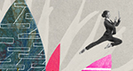 An illustration of a large flower-like object, with each petal of the flower a different color and pattern. In the upper-right corner is a figure of a woman in a business suit leaping upward from a petal while holding a tablet.