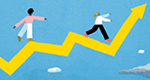 An illustration of people walking up a yellow line graph. The bottom of the graph is in dark clouds, which dissipate as the graph ascends.