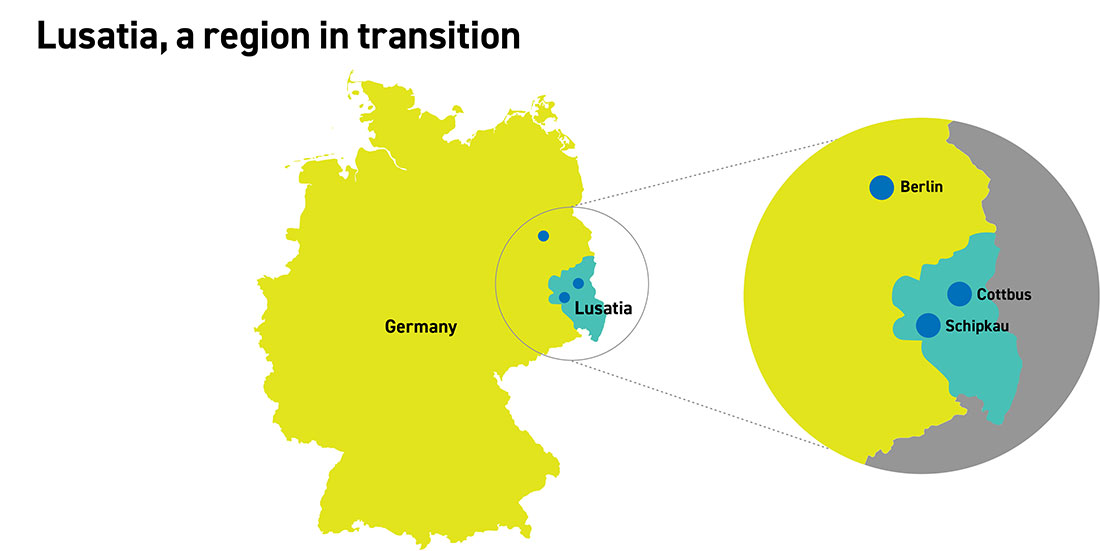 A map of Germany with the coal-mining region of Lusatia highlighted