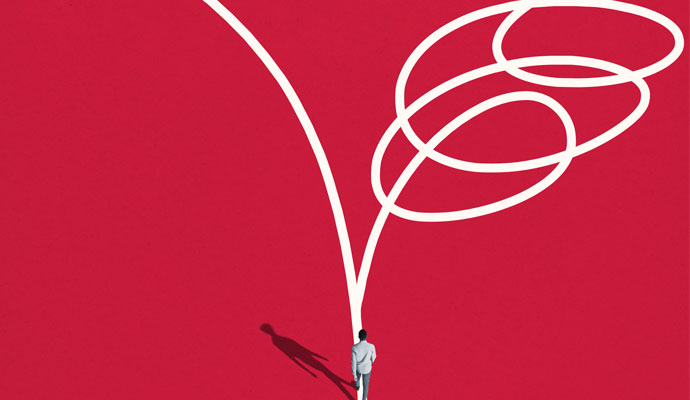 Illustration of a man choosing between a straight path and tangled path Illustration of a man choosing between a straight path and tangled path