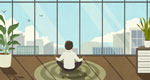 Illustration of a serene person meditating near a sunny highrise office window