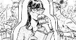 A black-and-white illustration of a woman calmly sipping from a mug of coffee and reading a book in the middle of a chaotic office.
