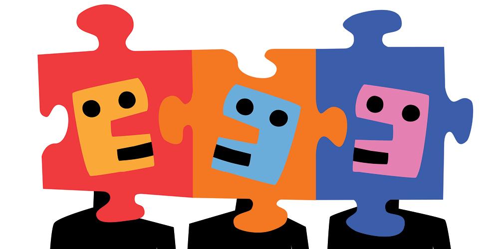An illustration of three connected puzzle pieces, each with a different abstract face on it.