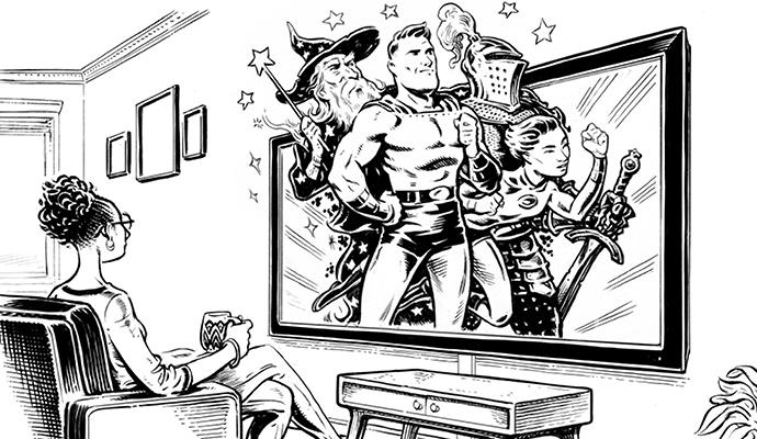 A black-and-white illustration of a woman sitting on her couch and looking at a TV screen with various characters bursting out of it.